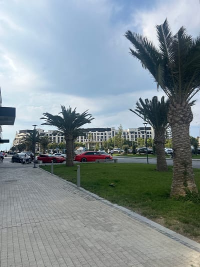 A low-angle shot captures a row of palm trees lining a pedestrian walkway and a grassy area. In the background, modern white buildings with many windows are visible, interspersed with trees. Several cars are parked along the street, including a prominent red sports car. A few people are walking on the sidewalk or sitting on benches. The sky is a pale blue with some wispy clouds, suggesting it is daytime, possibly late morning or early afternoon. The weather appears to be pleasant. The scene is likely a modern urban or resort area, given the architecture, landscaping, and parked vehicles. The overall impression is one of a sunny day in a well-maintained public space.
