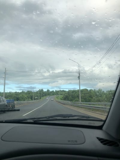 The image, taken from inside a vehicle, shows a view through a rain-streaked windshield. The scene depicts a highway on an overcast day. The road curves to the right, with a metal guardrail running alongside it and a dense line of green trees bordering the highway. Several cars are visible on the road, moving in the same direction. Overhead, power lines stretch across the sky, supported by utility poles. The sky is filled with heavy, gray clouds, indicating a cloudy or rainy day. The water droplets on the windshield distort the view, creating a slightly blurry effect. The interior of the vehicle is visible on the right side of the frame, showing a portion of the dashboard and the car's pillar. The overall impression is that of a drive through a rural or suburban area during potentially inclement weather. There is no visible text in the image.