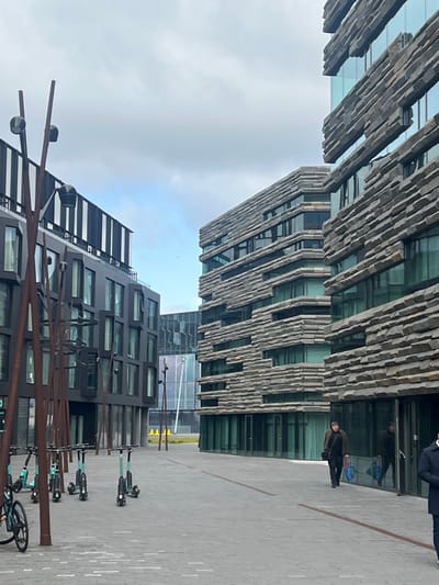 The image shows a street in Reykjavík, Iceland, located at latitude: 64.149, longitude: -21.936. The street is lined with modern buildings, one of which is constructed with stone and glass, resembling stacked rocks. The building on the right is made of grey stone with a large window on the ground level, while the building on the left is black and has large windows. There are five electric scooters parked on the left side of the image. In the foreground, a man is walking towards the right, carrying a blue bag and a black bag. The sky is cloudy, and the street is paved with grey stones. There are no other people visible in the image. The image is taken from a ground-level perspective.
