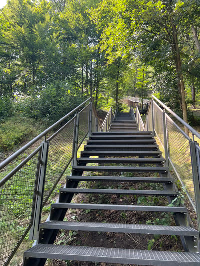 A metal staircase with diamond-plate steps and metal railings ascends a wooded hillside in Náchod, Czechia. The stairs are made of dark grey metal, with the railings also appearing to be metal, possibly aluminum or steel. They are supported by a metal frame structure. The staircase is flanked by lush green vegetation, including trees and bushes, with sunlight filtering through the leaves, creating dappled light on the stairs and surrounding ground. The ground beneath the stairs is covered with fallen leaves and some sparse greenery. In the distance, the staircase continues up the hill, with several landings and sections of stairs visible, winding through the trees. The scene suggests a public park or nature trail.