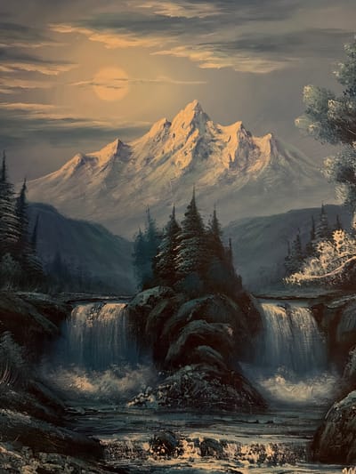 The image is a landscape painting featuring a mountain range on the left with snow-capped peaks catching the light, possibly from a setting or rising sun obscured by clouds. To the right, a dark, rocky terrain gives way to a waterfall cascading down into what appears to be a river or stream. Pine trees are interspersed throughout the landscape, particularly in the foreground. The sky is a pale blue color with faint clouds. The scene is not specifically identifiable as Levkovo, Russia without additional information or a direct connection to known landmarks or features of that location.