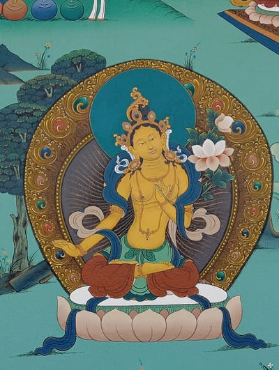 The image depicts a Buddhist thangka painting. The central figure is a deity, likely Tara, seated in a lotus position on a white lotus flower. The deity is golden-skinned, adorned with jewelry and a crown, and holds a white lotus flower in their left hand. They are surrounded by an elaborate golden halo. The background includes trees, mountains, and other decorative elements. The color palette is dominated by turquoise, gold, and shades of blue, brown, and green. This type of painting could be found in a monastery or cultural center in Lumbini Sanskritik, Nepal, though this is a contextual inference not visible in the image itself.