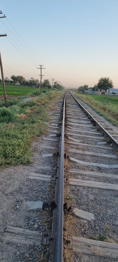 A vertical shot captures a railway track stretching into the distance, flanked by a rural landscape under a clear, pale blue sky with a hint of sunset glow near the horizon. On the left, a wooden utility pole with wires stands tall, alongside a field of green crops and sparse vegetation. The railway itself consists of two parallel metal rails supported by wooden sleepers and ballast. A series of similar utility poles are visible along the track, diminishing in size as they recede. The right side of the track is bordered by overgrown grass and, further in the distance, low-rise buildings and trees. The overall scene suggests a quiet, possibly rural, setting in the vicinity of Хаваскор, Tajikistan, during either sunrise or sunset.