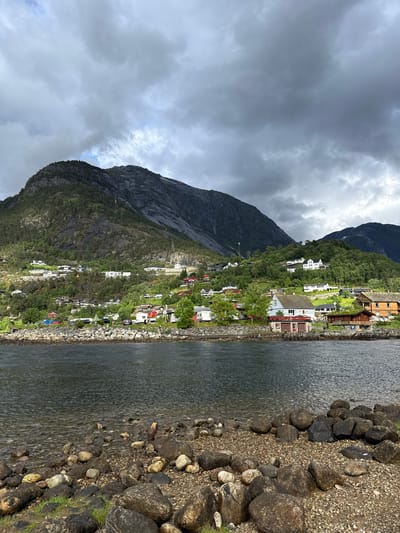 A scenic view of Eidfjord, Norway, showcases a serene body of water in the foreground, with a rocky shore dotted with pebbles and grass. The water reflects the overcast sky, creating a subdued palette. Across the water, a charming village is nestled on a lush green hillside, with houses of various colors and architectural styles. The village extends up the slope, with some homes perched higher on the hill. A majestic mountain range dominates the background, its slopes covered in dense evergreen trees. The mountain's rugged terrain is partly obscured by dramatic, dark storm clouds, suggesting an impending change in weather. The overall scene evokes a sense of tranquility and natural beauty, characteristic of the Norwegian landscape.