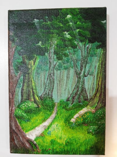 A vibrant forest scene dominates the canvas, featuring tall trees with green foliage creating a dense canopy. Sunlight filters through, illuminating a path winding through the green grass. Wildflowers add pops of color along the path and near the base of the trees. The overall impression is a serene and lush woodland, inviting the viewer to explore the hidden trail.