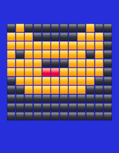 The image is a pixelated representation of a cat's face made of squares. The cat has yellow for its face, black for its ears and outline, and red for its nose. The background is a solid blue color. There are no people, actions, or interactions depicted in this image. The image does not provide any information about the city of Rastatt, Germany.