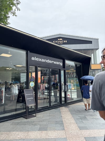 The image captures the exterior of a Coach store and an Alexander Wang store, likely situated within an outdoor shopping plaza in Qingpu District, China, on a cloudy day. The Coach store's prominent signage with its logo and "NEW YORK" text is visible on the upper facade of the building. Below it, the Alexander Wang store features a sleek, modern storefront with large glass windows showcasing merchandise and a prominent "alexanderwang" logo above the entrance. A black A-frame sign for Alexander Wang is placed on the sidewalk in front of the store, indicating a sale. Several individuals are seen walking and standing outside the stores, some holding umbrellas, suggesting it may be raining or overcast. The ground is paved with large square tiles. Reflections in the glass windows reveal the interior layout and displays of the stores, including clothing racks.