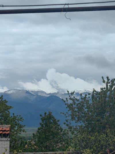 This vertical landscape photograph captures a view of a mountainous region under an overcast sky, likely in Slatina, Bulgaria.
In the background, a range of large mountains dominates the horizon. Their peaks are dusted with snow, contrasting with the darker, forested lower slopes. Patches of white clouds cling to the mountain ridges, partially obscuring them and blending with the gray, cloudy sky above.
The midground reveals a verdant valley, appearing as a mosaic of green fields and potentially distant settlements, stretching between the foreground and the mountain range.
The foreground is framed by lush green foliage. A prominent tree with dense leaves occupies the right side of the image, while another smaller tree is visible on the left. On the lower left, a portion of a brick chimney with orange-red roof tiles is visible, suggesting a traditional building structure. Below the chimney, a weathered brick wall or fence marks the immediate foreground.
Across the very top of the frame, two parallel dark lines, likely utility wires or cables, traverse the sky horizontally. A small, light-colored piece of string or wire hangs loosely from the thinner upper cable.
The sky is heavily clouded with various shades of gray and white, indicating an overcast daytime. The diffused light suggests no direct sunlight. The presence of snow on the distant peaks while the foreground trees are in full leaf points to either early spring or late autumn in a mountainous climate. No human activity or visible text is present.