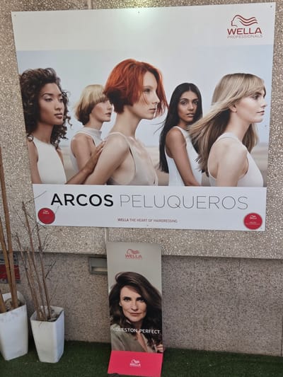 This image depicts a large Wella Professionals advertisement featuring four women with different hairstyles and hair colors. From left to right, the women have dark curly hair, blonde bob, vibrant red bob, and long blonde hair. The advertisement also displays the text "ARCOS PELUQUEROS" and "WELLA THE HEART OF HAIRDRESSING". A red circular logo with "WELLA" and "SALÓN RECOMENDADO" is visible on the right side of the advertisement. To the left of the main advertisement, two white planters contain bamboo stalks. A smaller vertical banner displaying a woman's portrait and the text "KOLLESTON PERFECT" and "WELLA PROFESSIONALS" is positioned in front of the main advertisement, on the right. The background consists of a textured wall and a patch of artificial grass on the ground. The overall scene suggests a commercial establishment, likely a hair salon, in Collado Villalba, Spain, based on the provided location context.