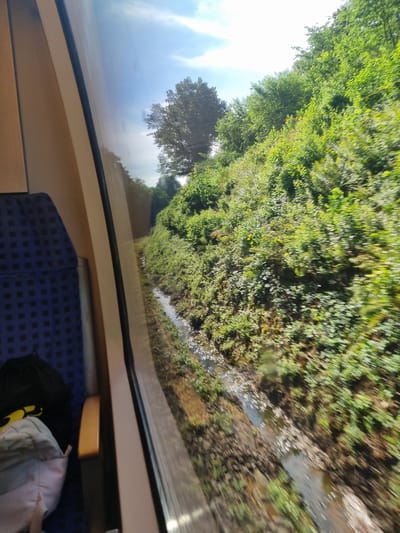 The image was taken from inside a moving train, looking out the window at a lush green hillside. The interior of the train is visible on the left, with a blue and black patterned seat and a beige armrest. Two bags are placed on the seat, one black and one light-colored. The window shows a reflection of the sky and trees, with a narrow stream running along the base of the hillside. The motion blur indicates the train is traveling at a significant speed. The overall scene is one of natural landscape viewed from a mode of transportation.
