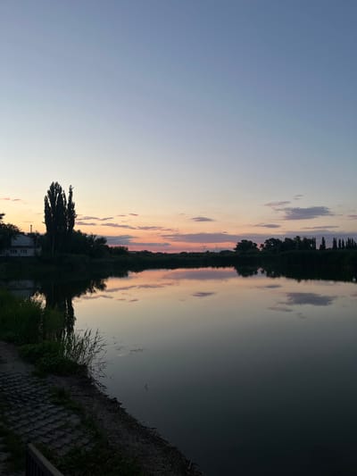 The image depicts a serene waterscape at dusk, likely on the outskirts of Kotovo, Russia. A calm body of water dominates the foreground, reflecting the soft pastel hues of the sky and the silhouettes of trees and structures along the opposite bank. The sky transitions from a pale blue at the top to warmer shades of pink and orange near the horizon, where scattered clouds are visible.
On the left bank, a white building with a dark roof and a chimney is partially obscured by dense vegetation. A tall, slender cluster of trees stands prominently near the building. Further along the bank, more trees and reeds are present, and two wind turbines can be seen in the distance. On the right side of the water, the bank is lined with trees and reeds, and a white swan is visible near the edge.
The foreground on the left shows a paved area with a textured surface, possibly a pathway or embankment, with some green vegetation growing alongside it. The water itself is dark and reflective, mirroring the environment with remarkable clarity. The overall atmosphere is peaceful and tranquil, characteristic of a quiet evening by the water.