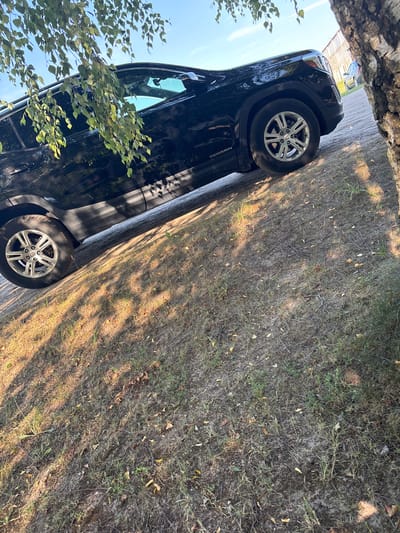 The image shows a black GMC Terrain parked on a dirt and grass embankment. The car is angled, with its front wheel visible on the left side of the frame and its rear wheel visible on the right. A birch tree trunk is prominent in the foreground on the right, and its branches hang over the car. The background shows a building and a light-colored car. The scene appears to be a rural or semi-rural location within the Жыровіцкі сельскі Савет, Belarus. The lighting suggests it is daytime, with sunlight casting shadows.