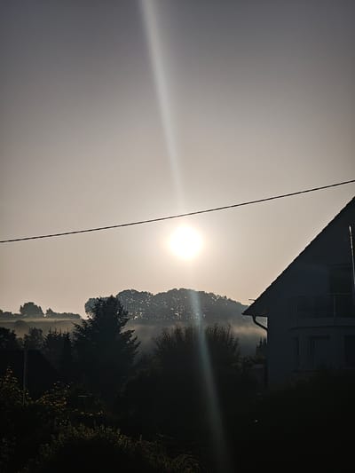 The image shows a view of a rural landscape at sunrise, likely in Wilnsdorf, Germany. A bright sun with a lens flare is visible in the hazy sky, partially obscured by a power line that stretches horizontally across the frame. In the foreground, the silhouette of a dark house with a pitched roof and a balcony is positioned on the right side of the image. The background features a silhouetted tree line with some mist or fog settled in the valley. The lower portion of the image is filled with dark foliage and vegetation. There are no people visible in the scene.