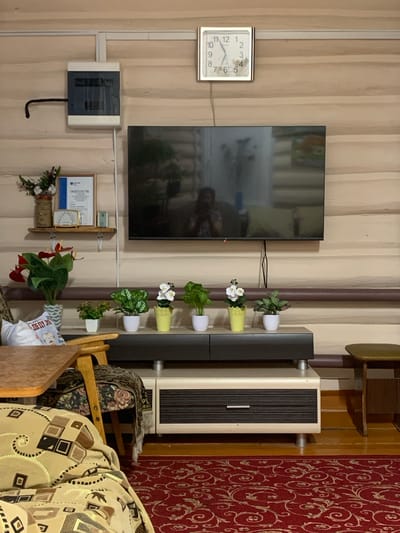 The image depicts an indoor scene, likely a living room in a home, located in Яманово, Russia. The room is decorated with various objects, suggesting a lived-in and personal space. A large flat-screen television is mounted on a wall covered with striped wallpaper. To the left of the television, a square wall clock with Roman numerals is visible, indicating the time is approximately 10:09. Below the clock, a white electrical box with a black cable hangs from the wall.

A series of small potted plants with white and yellow flowers are arranged vertically on a dark brown pipe that runs along the wall. Further down the pipe, more plants are visible. A wooden shelf unit is mounted on the wall, displaying a framed certificate and a decorative vase with dried flowers.

In the foreground, a wooden chair is partially visible, covered with a patterned fabric featuring roses. Another piece of furniture, possibly a couch or armchair, is also covered with a patterned fabric composed of geometric shapes.

To the right of the television, a tall, white and beige appliance, possibly a heater or air conditioner, stands against the wall. The wall to the far right is adorned with a red carpet or tapestry featuring a repeating floral pattern. The overall impression is of a cozy, somewhat cluttered living space with a collection of decorative items and functional appliances. There are no people visible in the image. The lighting suggests it is daytime.
