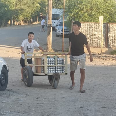 Two young males are pushing a wooden cart loaded with canned beverages down a dirt road in the city of Arys, Kazakhstan. The male on the left, wearing a white t-shirt and black shorts, is positioned behind the cart, with his hands on the side. The male on the right, wearing a black t-shirt and light-colored shorts, is also behind the cart, pushing with both hands. The cart has a yellow frame and is filled with many rows of silver cans. To the left of the cart, a portion of a white car is visible. The background features trees, a white van, a silver car with a license plate that reads "762 AEM 13", and a patterned fence. The ground is a mixture of dirt and gravel. The lighting suggests it is daytime.