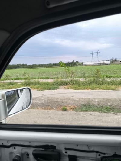 The image captures a view from inside a vehicle, looking out through the side window towards an agricultural landscape. In the foreground, the interior of the car's door panel is visible, along with the side-view mirror reflecting a white vehicle. Beyond the window, a dirt road runs parallel to a vast, green field. In the mid-ground, a dense line of trees borders the field, and a large, white, rectangular building with a dark roof is situated behind it. Towering over the landscape are two prominent electricity pylons, their metallic structures stark against the cloudy sky. The overall scene suggests a rural or semi-rural setting, possibly on the outskirts of a town or village. The location is identified as Kichik-Turk, Uzbekistan.
