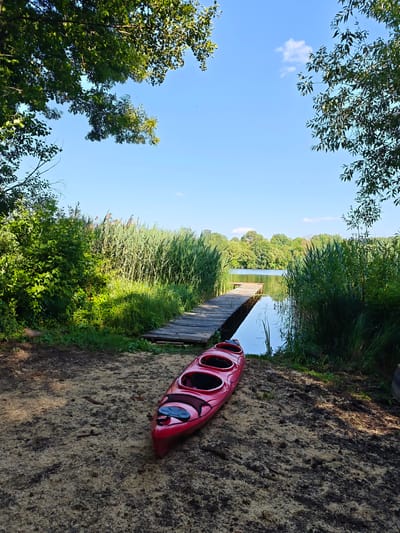 This image depicts a serene waterside scene in the village of Sosny, Ukraine. In the foreground, a bright red kayak rests on a sandy patch of ground, its sleek design hinting at recreational use. Behind it, a wooden dock extends into a calm body of water, its planks weathered by time and use. Tall, green reeds line the water's edge, creating a natural barrier between the land and the lake. Dense green foliage frames the scene on both sides, with lush trees forming a canopy overhead, dappled sunlight filtering through their leaves. The sky above is a clear, vibrant blue, punctuated by a few wispy white clouds. The overall impression is one of tranquility and natural beauty, an invitation to explore the peaceful surroundings.