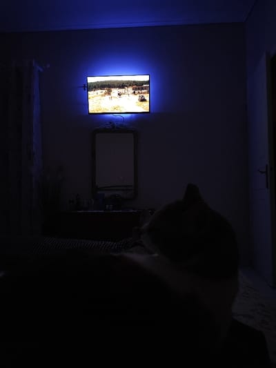 The scene depicts an interior room, located in the Municipal Unit of Acharnes, Greece, illuminated by ambient light from a television. A flat-screen television with blue LED backlighting is mounted on a dark wall, displaying an outdoor daytime scene that includes a dirt or unpaved area with multiple vehicles and distant figures under a clear sky. Below the television, a rectangular mirror with a light-colored, possibly ornate, frame is positioned above a dark dresser or vanity, on which several small objects are visible. To the left, a dark curtain and a slender decorative plant are partially visible. To the right, a white door stands partially open. In the immediate foreground, a person is lying on a bed covered by a dark, textured comforter, facing the television. The back of the individual's head and upper torso are discernible in silhouette, along with two feet positioned above the bed.