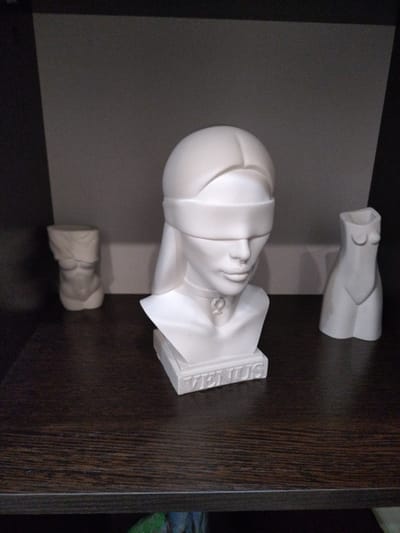 Three white plaster busts are displayed on a dark wooden shelf. The central bust is of a woman's head and upper torso, blindfolded, with a collar around her neck. The word "VENUS" is inscribed on the front of its base. To the left of the central bust is another bust of a woman's torso. To the right is a third bust of a woman's torso. The background is a plain, light gray wall. This scene is located on a shelf in an interior space, possibly a home, in Nizhnyaya Makhtama, Russia.