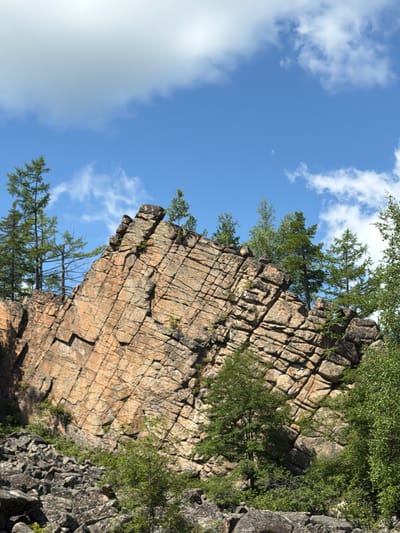 The image depicts a rocky outcrop with trees growing on and around it, under a bright blue sky with scattered clouds. The rock formation is angular and appears to be made of layered stone, with visible cracks and fissures. Several evergreen trees, possibly larches, with needle-like foliage are present, along with some deciduous trees with green leaves. The foreground is filled with smaller rocks and vegetation. This scene is located in the vicinity of Orlenok, Russia.