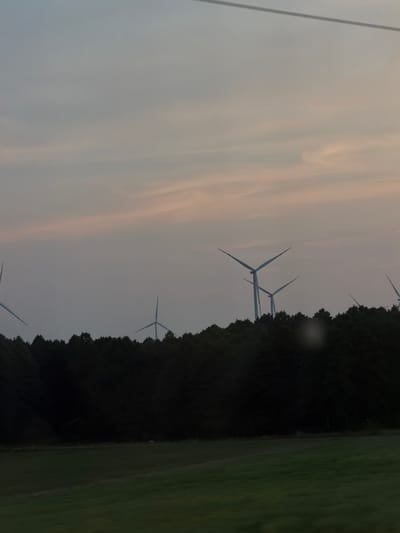A panoramic view of a wind farm is captured at dusk in Burkat, Poland. Silhouetted against a pale sky with soft pink and orange hues, several wind turbines stand tall amongst a dark, dense forest line. The turbines' blades are visible, some at rest and others appearing to spin. In the foreground, a dimly lit green field stretches out, suggesting the presence of agriculture or pastureland. The overall impression is one of a rural landscape at the end of the day, with renewable energy infrastructure integrated into the natural environment.