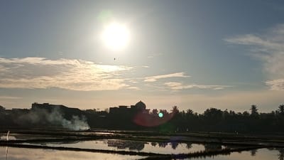 The image captures a serene rural landscape at sunrise in Geulangganggampong, Indonesia. The sun, a bright, luminous orb, dominates the upper portion of the sky, casting a warm glow and creating lens flare effects. Wispy clouds are scattered across the pale blue sky, tinged with the soft hues of dawn.
In the middle ground, a silhouette of buildings is visible against the bright sky, including a structure with a dome, possibly a mosque. To the left, a plume of white smoke rises from what appears to be a small fire or burning debris in the foreground. The foreground itself is a flooded rice paddy, reflecting the sky and the silhouettes of the surrounding environment. The water's surface is disturbed in some areas, indicating a gentle breeze.
On the horizon, a line of trees, including palm trees, forms a dark silhouette against the lighter sky. A single bird is captured in flight, a small dark shape against the brilliance of the sun. The overall impression is one of tranquility and the quiet start of a new day in a rural Indonesian setting. There are no clearly discernible human figures in the image, but the presence of structures and agricultural land suggests human activity in the area.