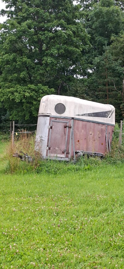 The image shows an old, weathered horse trailer parked in a grassy field. The trailer is predominantly white with a faded, reddish-brown side and a circular window. It appears to be leaning slightly. Behind the trailer, a dense line of green trees forms a backdrop, with some taller, darker trees to the right. In the foreground, the grass is lush and dotted with small white and pink flowers. A wooden fence with wire is visible behind the trailer. The overall scene suggests a rural or semi-rural setting, possibly on the outskirts of Kata, Estonia, given the presence of trees and open grassland. There are no people or animals visible in the image, and no actions are being depicted.