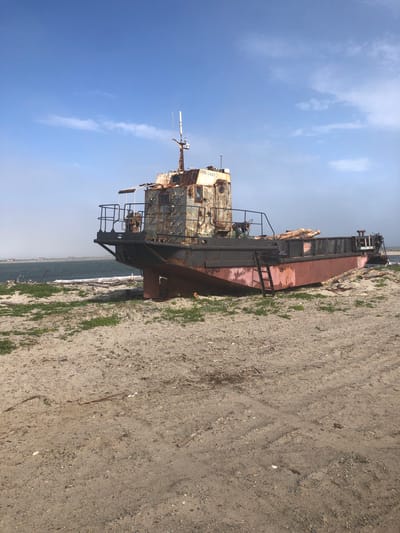 An abandoned, rusty barge rests on a sandy beach in the city of Tauysk, Russia. The barge, identified by the marking "PMA-3493" on its superstructure, is partially grounded on the shore, with its hull visible against the sand. The vessel appears to be made of metal and shows signs of significant decay and weathering, with rust covering much of its exterior. A ladder is attached to the side of the barge, leading up to its deck. Various pieces of driftwood are scattered around the barge on the sand. In the background, the sea is visible, with a hazy shoreline and several distant buildings. The sky above is a pale blue with scattered, wispy clouds. The ground in the foreground is sandy and uneven, with patches of green vegetation growing sparsely. The scene depicts a maritime relic left to the elements on a coastal environment.