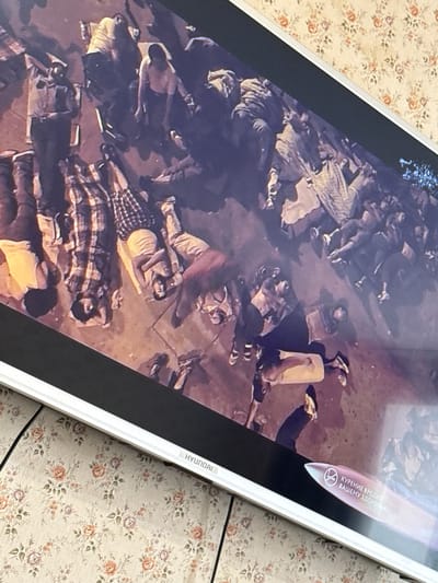 The image shows a photograph depicting numerous individuals lying on the ground. The subjects are dispersed across a large area. The environment appears to be an urban setting. There is a prominent advertisement on the right side of the image, featuring a logo and text in Russian. The advertisement includes the word "HYUNDAI". It is not possible to verify the location as Nevzorovo, Russia, from the given image.