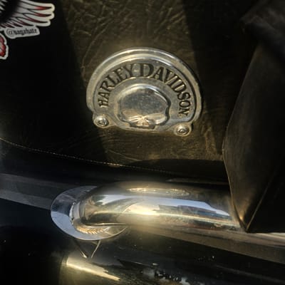 The image shows a close-up of a motorcycle's leather saddlebag and exhaust pipe. A circular chrome emblem with "HARLEY DAVIDSON" inscribed around a skull is prominently displayed on the saddlebag. To the left of the emblem, a sticker with "@@bagahate" is visible. The exhaust pipe, made of polished metal, runs horizontally across the bottom of the frame, reflecting the surroundings. The background is dark and textured, likely the leather of the saddlebag. The scene is static and appears to be an outdoor setting, possibly in Illescas, Spain, given the context. No people or actions are depicted.