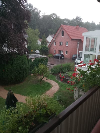 The image depicts a residential street in Rheda-Wiedenbrück, Germany, during a heavy rain shower. The foreground is dominated by a railing and lush green plants, including flowering red geraniums, suggesting a balcony or elevated viewpoint. Beyond this, a well-maintained garden features a winding path, a small tree with a bird feeder, and a dark green statue of a cloaked figure.
Further into the scene, several cars are parked on a wet driveway and street, including a white SUV, a black sedan, and a silver car. Two brick houses with red tiled roofs are visible, one larger with a prominent chimney, and another smaller white house. The surrounding area is densely populated with trees and hedges, all appearing damp from the rain. The sky is overcast, contributing to the gloomy, wet atmosphere. No people are clearly visible in the image.
