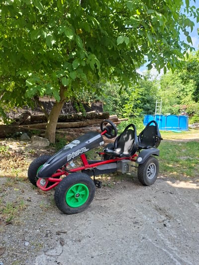 A red and black pedal-powered go-kart with two seats is parked on a gravel path in Klettgau, Germany. The go-kart has green rims on its front wheels and grey rims on its rear wheels. It is situated under the shade of a leafy tree with a rough bark trunk, and behind it, a blue above-ground swimming pool is visible, with a ladder leaning against it. In the background, there are more trees and a wall made of stacked logs. The weather appears to be sunny and clear.