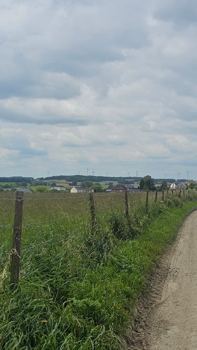 The image depicts a rural landscape under a cloudy sky, likely in Silenrieux, Belgium. A dirt path runs along the right side of the frame, bordered by tall green grass and a barbed-wire fence. In the middle ground, several farmhouses with red-tiled roofs are visible, interspersed with trees and green fields. In the distance, a line of wind turbines stands against the horizon, suggesting a wind farm. The overall impression is one of a serene, countryside setting.