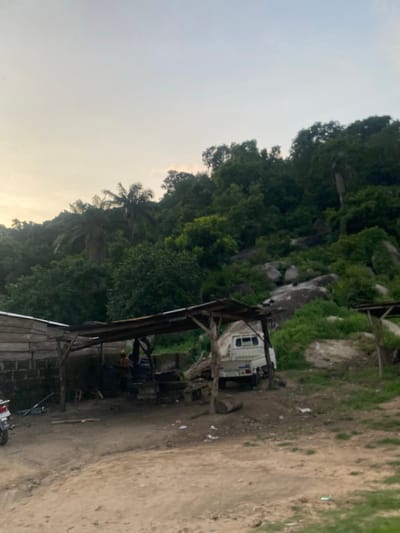 This image captures a semi-rural landscape in Enwan, Nigeria, under a soft, overcast sky. The background is dominated by a densely vegetated hill covered with various green trees and shrubs, including noticeable palm trees. Large grey boulders are interspersed throughout the hillside, protruding from the foliage.
In the midground, a collection of rudimentary structures is visible on uneven dirt ground. To the left, a building constructed from wooden planks and possibly concrete blocks features a light-colored roof. Central to the scene is an open-sided shelter with a flat, dark roof supported by wooden poles and a rough-hewn wooden framework. Beneath this central shelter, one individual wearing an orange/yellow top is partially visible, appearing to stand near stacked dark objects, likely tires. A small, white utility truck, possibly a mini-pickup, is parked beneath this same shelter, facing away from the viewer. To the far right, a smaller, similar open-sided shelter with a dark roof is partially visible.
On the far left, a portion of a white and blue motorcycle is parked next to the wooden plank building. The foreground consists of light brown, unpaved dirt with scattered patches of green grass, particularly to the right. Various pieces of light-colored litter and debris are dispersed across the ground. A segment of a tree log lies on the dirt near the white utility truck. The overall lighting is soft and diffused, with the sky transitioning from pale blue overhead to a faint yellowish hue near the horizon on the left.