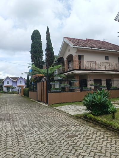 The scene depicts a residential street in the city of Pô Kô, Vietnam, under a cloudy sky. In the foreground, a grey interlocking paver roadway, laid in a herringbone pattern, extends from the lower left, tapering into the midground. To the right of the roadway, a green grass verge features a prominent clump of green agave plants and sections of irregularly shaped concrete paving.

The primary structure is a two-story house positioned on the right side of the frame. It exhibits a light brown stucco exterior and a gabled roof with reddish-brown tiles. The upper level includes an arched entryway and a balcony with an ornate dark-colored metal railing and a light brown support column. A dark brown perimeter fence with vertical decorative panels borders the property, fitted with multiple horizontal racks containing grey planters filled with small green foliage. Two tall, slender evergreen trees are situated behind and to the left of this house, their crowns extending above the roofline. A large fern-like plant is also visible above the fence line.

In the background, positioned on the left side of the paved roadway, a second, smaller two-story house is visible. This structure features a light purple facade with white-trimmed windows, including arched windows on the upper floor, and a brown gabled roof. No individuals, actions, or interactions are present in the observable environment. The sky is uniformly overcast.