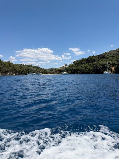 A wide-angle, eye-level shot captures a tranquil blue sea under a bright, cloud-dotted sky. In the foreground, white foamy waves churn from the perspective of a moving boat. The middle ground features a lush, green coastline dotted with trees and a small, sandy beach. Several sailboats are anchored offshore, their white sails and hulls contrasting with the deep blue water and vibrant green landscape. The background reveals more rolling hills covered in dense vegetation, with a few houses visible on the slopes. The scene evokes a sense of peaceful vacationing in a coastal paradise, likely the village of Spartochori in Greece, known for its picturesque bays and clear waters.