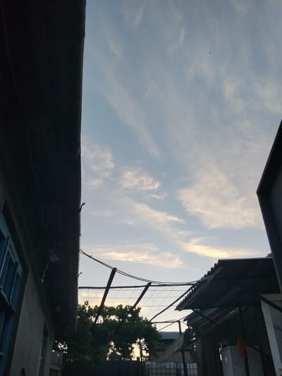 The image depicts an outdoor scene in Cîrpești, Moldova, at what appears to be dusk or dawn. The sky is a pale blue with wispy white clouds, and two small birds are visible in flight. In the foreground, a dark, angular structure, possibly a building or overhang, occupies the left side of the frame, casting a shadow. To the right, other structures with corrugated metal roofs are visible, along with some greenery, likely trees or vines. Wires are strung across the scene, supported by poles. The overall impression is one of an urban or semi-urban environment with a slightly weathered appearance.