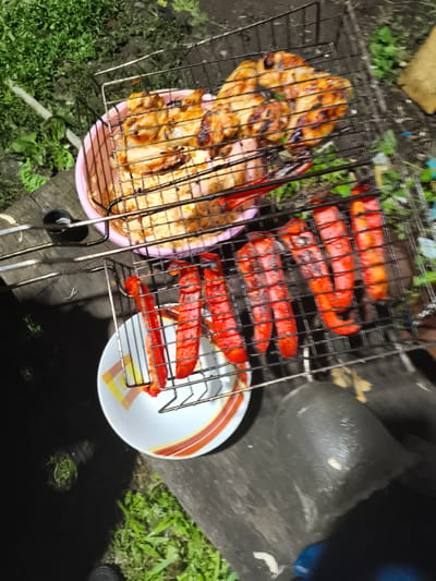 The image shows a grill basket with food items resting on a wooden surface outdoors. In the top portion of the grill basket are several pieces of cooked chicken, some with char marks. Below the chicken, the grill basket contains pieces of cut red bell peppers, which also appear to be cooked. The grill basket itself is silver metal with a grid pattern. Underneath the grill basket, a pink plastic bowl is partially visible, containing what appears to be uncooked food items. To the right of the pink bowl and below the peppers, a white ceramic plate with a colored rim is visible. The background consists of greenery and what seems to be rough ground. The lighting suggests it may be evening or night, with shadows present. The overall scene depicts outdoor cooking. There is no information provided about the location in the city of Il'mino, Russia, or any people or specific actions beyond the food being grilled.