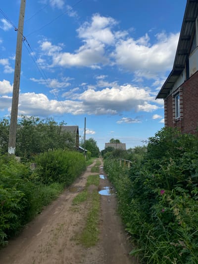 The image depicts a dirt road in a rural setting, likely in Novyi Ural, Russia, on a clear day. The sky is a vibrant blue, dotted with fluffy white clouds. The road is somewhat muddy, with several puddles reflecting the sky. Dense green vegetation lines the sides of the road, with trees and bushes growing abundantly.
In the foreground, a wooden utility pole with wires stretches across the frame, and parts of two buildings are visible on the left. One building appears to be made of brick, with a window and decorative brickwork. The other building's roof is visible, with corrugated metal. Further down the road, other houses and structures can be glimpsed through the foliage. The overall impression is one of a peaceful, natural environment with signs of human habitation.
The time of day appears to be midday or early afternoon, given the bright sunlight and the shadows. The weather is fair and sunny, conducive to outdoor activities. There are no people visible in the image, and the focus is on the landscape and the rustic surroundings. The scene evokes a sense of calm and simplicity. Some faded text is visible on a piece of paper attached to a post on the right side of the road, but it is illegible.