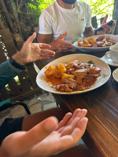 The image depicts a close-up view of a meal served on a wooden table, likely outdoors. In the foreground, a hand with a small red stain on the fingertip is visible, suggesting interaction with food. Further back, a white plate holds a dish of meat and potatoes in a rich, red sauce, garnished with green herbs. Another plate, with similar food, and a white teacup on a saucer are also present. A person wearing a white t-shirt and another partially visible person with an arm wearing a watch are seated at the table, engaged in conversation or using their phones. The background reveals a rustic wooden fence and lush green foliage, indicative of an outdoor dining setting in a natural environment. The location is identified as Kolašin, Montenegro.