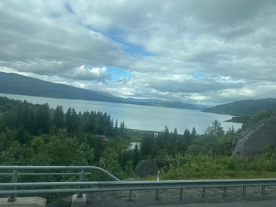 This is a landscape photograph taken from an elevated viewpoint overlooking a large lake or fjord, with mountains in the background. The scene is dominated by a vast body of water reflecting the sky, which is filled with dramatic, heavy clouds interspersed with patches of blue. The mountains on either side of the water are covered in dense, dark green evergreen trees.
In the foreground, there is a grey metal guardrail, suggesting the photo was taken from a road or a viewpoint with safety barriers. Below the guardrail and on the slopes leading down to the water, the terrain is covered in lush green vegetation and trees. A small, red wooden building with a dark roof is visible nestled amongst the trees on the left side of the frame, close to the water's edge. Further along the water's edge, a concrete structure, possibly a dam or a bridge, spans across a narrower section.
The overall impression is one of natural beauty and rugged, untamed scenery, characteristic of a northern landscape. The weather appears to be overcast with potential for rain, though glimpses of blue sky suggest it might be a changeable day. The time of day is likely daytime, given the visibility and the brightness of the water. The location appears to be Dalsgrenda, Norway, based on the provided context, which aligns with the mountainous and fjord-like landscape. There is no visible text in the image.