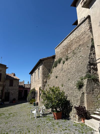 The image shows a street scene in Castelnuovo di Porto, Italy. The perspective is from ground level, looking upwards. A tall, stone wall runs along the left side of the frame, constructed from roughly hewn stone blocks. Patches of vegetation grow from the wall at various points. A smaller building, constructed of similar stone, adjoins the lower portion of the wall. A row of windows is visible on this building.
Across the street, other buildings constructed of similar material and with terracotta roofs are visible. Between the buildings, a patch of clear blue sky is visible.
In the lower right corner, a paved area comprised of small stones is visible. Three white plastic chairs are located on the pavement, and a potted tree stands nearby. Another potted plant is located near a set of stone steps that lead up to the left. The entire scene is illuminated with bright sunlight. A bird flies overhead.