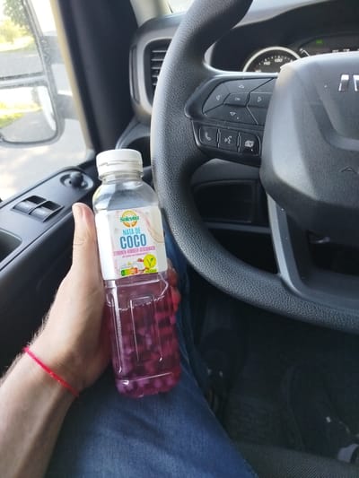 A person is holding a bottle of "Solevita Nata de Coco" drink in a vehicle. The bottle is mostly filled with a pink liquid and small, pink, gel-like cubes. The label on the bottle indicates it is a "Zitronen-Himbeer-Geschmack" (Lemon-Raspberry flavor) and is vegan. The person's hand is partially visible, wearing a thin red string bracelet on their wrist. The vehicle's steering wheel and dashboard are prominently displayed, suggesting the person is in the driver's seat. The environment outside the vehicle, visible through a side mirror, appears to be a rural or suburban area with green trees and a road. The dashboard displays the current temperature as 33°C. The specific location within Bad Mergentheim, Germany cannot be determined from the provided image.