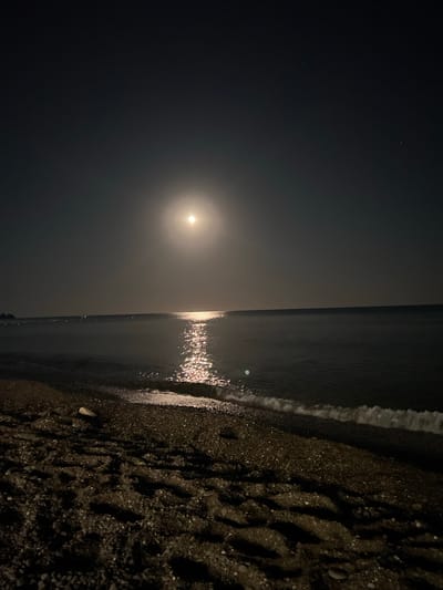 The image depicts a nighttime scene of a beach and the sea. The full moon is visible in the dark sky, casting a bright reflection on the calm water. The waves gently lap at the shore, which is covered in dark sand and pebbles. In the distance, along the horizon, there appear to be a few faint lights, possibly from a town or boats. The overall atmosphere is serene and peaceful. The location is identified as a beach in Sudak, Ukraine.