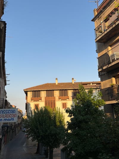 The image shows a street scene in Hostalric, Spain, bathed in the warm light of a setting sun. On the left, a narrow street slopes downhill, lined with buildings. A large white banner with blue text, "NISSERIA SALADERIA en marti," is prominently displayed on one of the buildings. A single person is walking in the distance on the street. A car is parked further down the road. Green trees are scattered throughout the scene, with a large, leafy tree dominating the foreground on the right. The architecture suggests a historic European town, with stone buildings and tiled roofs. The sky is a clear, bright blue.
