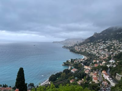 The image shows a panoramic view of the Mediterranean coastline from the town of Roquebrune-Cap-Martin, France. The location is confirmed by the coordinates provided (latitude: 43.763, longitude: 7.463).  The scene is dominated by a large expanse of blue water, stretching towards the horizon.  A small, unidentified vessel can be seen in the distance.  The shoreline is marked by a series of rocky outcroppings and a line of white sand beach.  The coastline is also lined with a dense array of buildings and houses. The houses, predominantly built of stone and concrete, appear to be mostly single-story and surrounded by trees. The vegetation on the slopes is dense and varied, with a mix of evergreen trees and shrubs. The image is taken on an overcast day with a thick layer of clouds dominating the sky. The image is captured from an elevated position, offering a wide, sweeping view of the area.