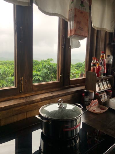 In the city of Thôn 4, Vietnam, the image captures a kitchen counter with a cooking pot and various condiments. The pot, a stainless steel vessel with a glass lid, sits on a black induction cooktop. To the right, a small pink dish with a metal utensil and two red chili peppers is visible. Behind the pot, a wooden shelf holds an assortment of bottles and jars, including Maggi seasoning sauce. The scene is illuminated by natural light filtering through a wooden-framed window, which offers a view of lush green fields and distant hills under a cloudy sky. A dispenser of tissues hangs from the top of the window. The overall impression is one of a functional, rustic kitchen with a scenic backdrop.