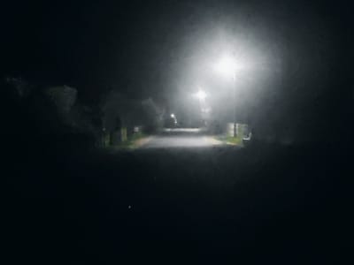 The image depicts a dimly lit road at night in Скідзельскі сельскі Савет, Belarus. Streetlights illuminate the road ahead, creating bright spots and casting shadows. Vegetation lines both sides of the road, but details are obscured by darkness. The foreground is largely dark, with the road visible in the middle ground leading to the illuminated area. The overall atmosphere is dark and obscured due to the poor visibility at night.