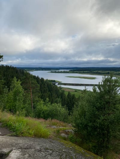 The image depicts a panoramic view of a serene natural landscape with a prominent body of water, likely a lake or a wide river, stretching into the distance under a cloudy sky. The foreground features rough, grey rocks and lush green vegetation, including tall grasses and scattered pine trees. The middle ground is dominated by a dense evergreen forest that slopes down towards the water. The water itself is calm and reflects the overcast sky. In the distance, across the water, a strip of land with more greenery and a few scattered buildings suggests a rural or semi-rural settlement. A man-made structure, possibly a dam or a bridge, is visible spanning a narrower section of the waterway. The overall impression is one of a tranquil, undeveloped natural environment. The location in Khelyulya, Russia, suggests a sub-Arctic or boreal forest ecosystem.