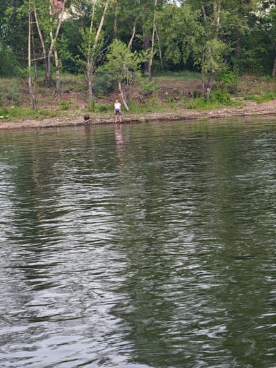 The image depicts a serene waterscape with a tree-lined bank in the background. Two individuals are present on the rocky shore. One, a child wearing a blue and white swimsuit, stands near the water's edge. To their left, another child, dressed in a dark blue shirt and dark shorts, is crouched down by the water. The water itself is rippled, reflecting the surrounding greenery and sky, creating a textured surface. The vegetation on the bank is dense and appears to be a mix of trees and undergrowth. The location is identified as Ермолаевский Затон, Russia.